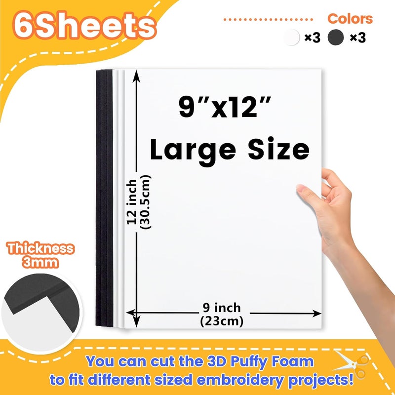 New brothread - 15 Options- 6PCS Embroidery Puffy Foam 9″x12″ Large Size 3MM Creating 3D Embroidery Effect for Caps, Garments, Jackets, Bags, Backpacks and More - 3xBlack + 3xWhite - Image 2